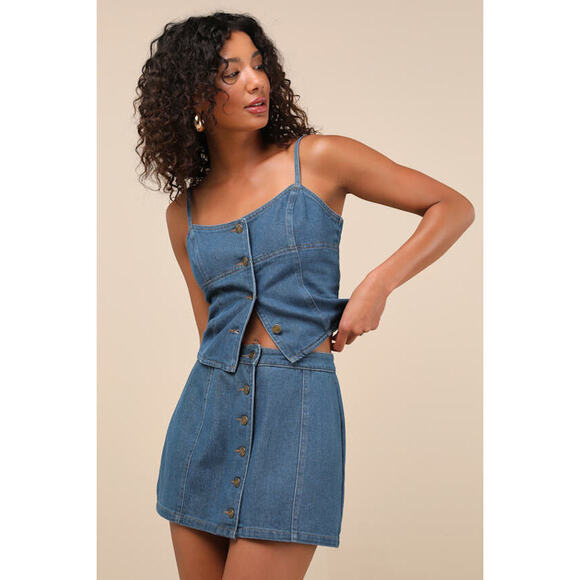 Lulus Kamile Blue Chambray Button-front High-rise Mini Skirt - Size S - Picture 1 of 3